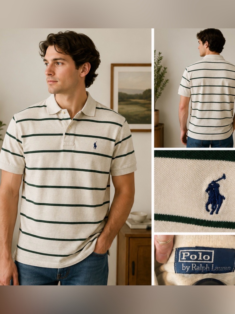 ❤️34 Polo Ralph Lauren Classic Fit Striped Polo Shirt Green Blue Pony Logo L